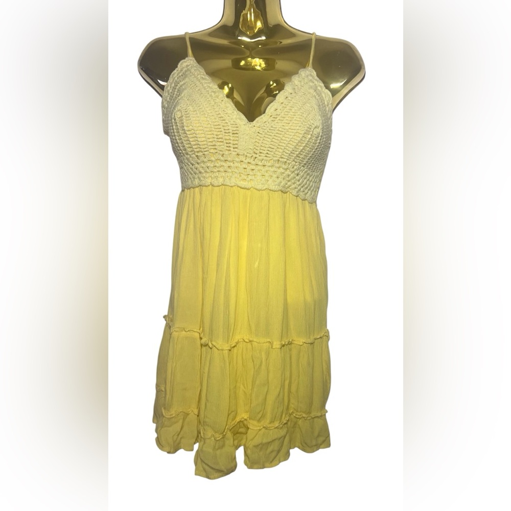 Yellow crochet Smocked Bodice Mini Dress
